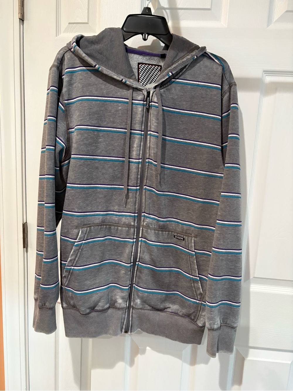 DVISION- Men's Gray Zip-Up Hoodie with Blue and White Stripes